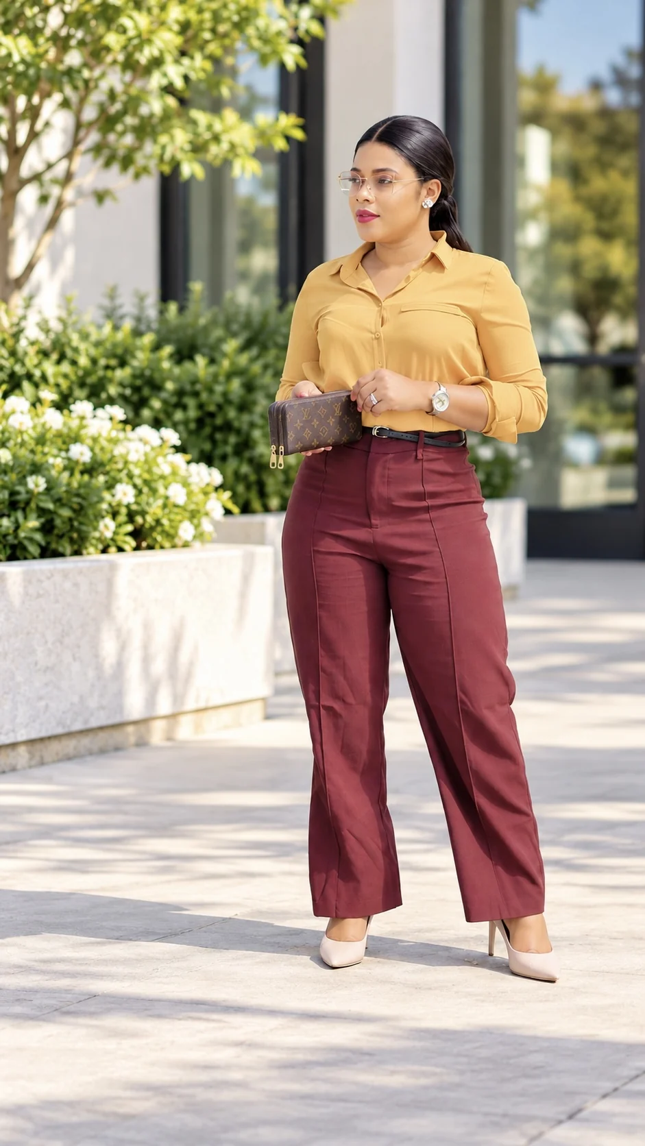 Louisard Lapierre outdoors in a gold blouse and burgundy trousers
